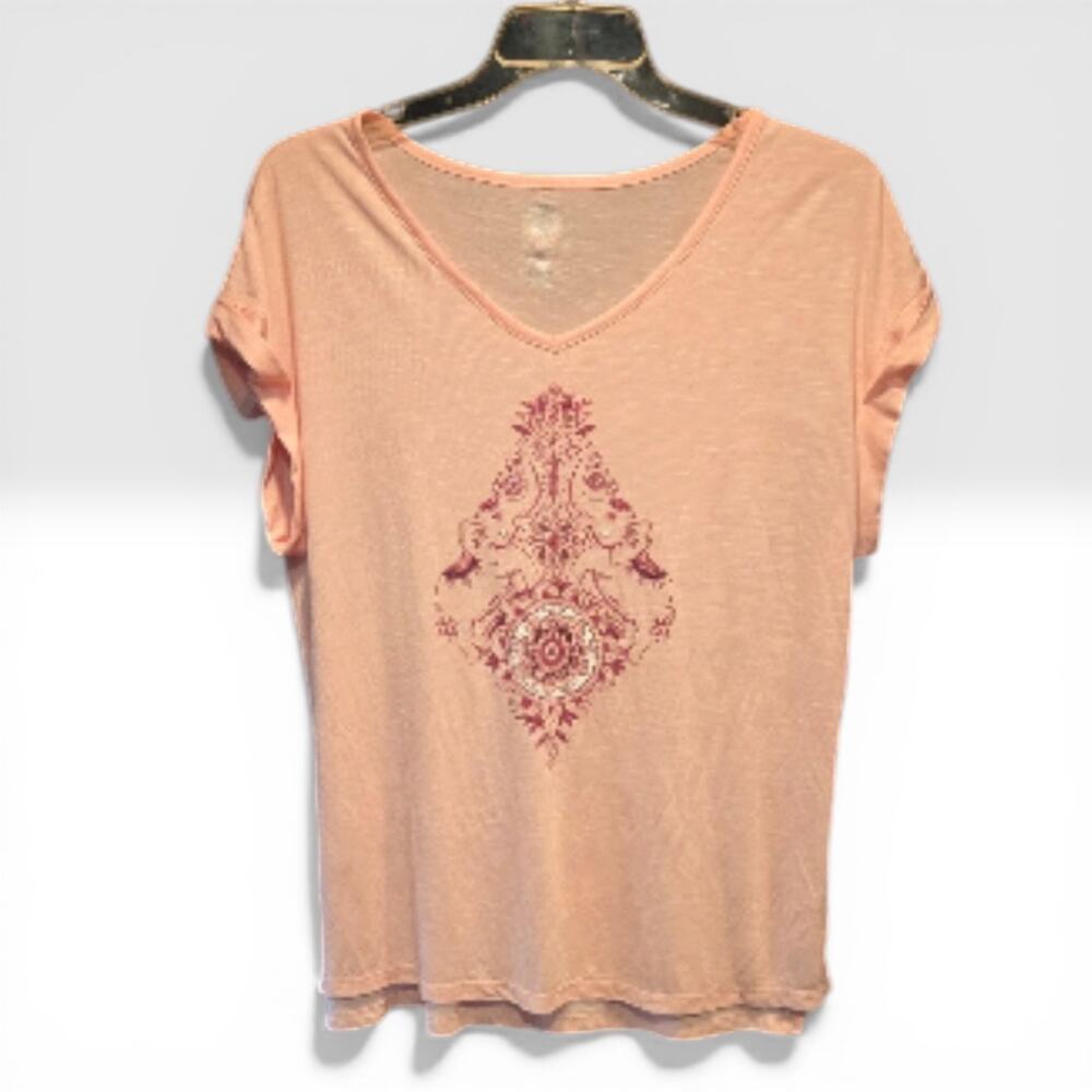 NWT Brisas Sz S Salmon Pink V-neck Graphic Bohemian Ornate Mandala Style Top NWT